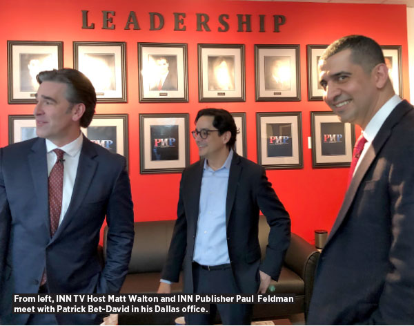 From left, INN TV Host Matt Walton and INN Publisher Paul Feldman meet with Patrick Bet-David in his Dallas office.
