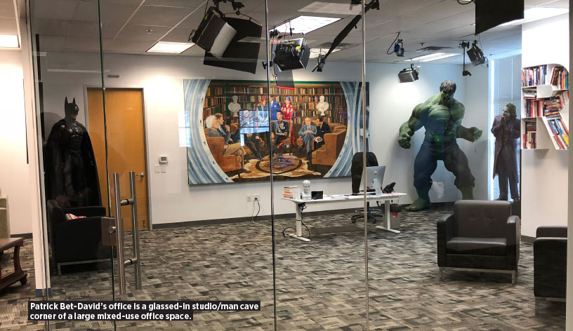 Patrick Bet-David’s office is a glassed-in studio/man cave corner of a large mixed-use office space.